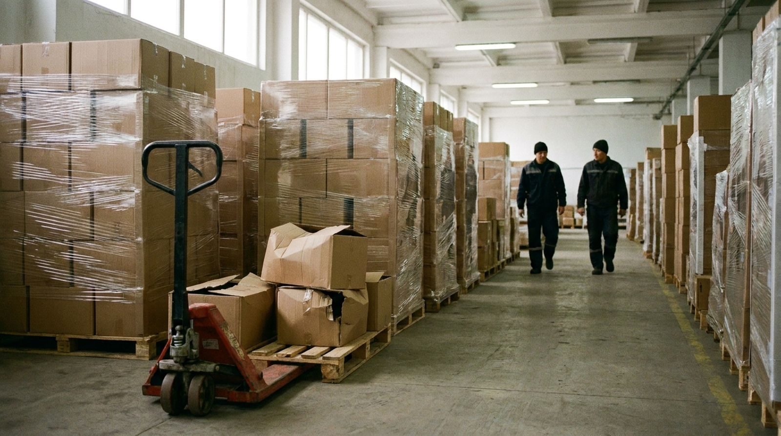 Паллеты с неликвидной продукцией на складе перед списанием